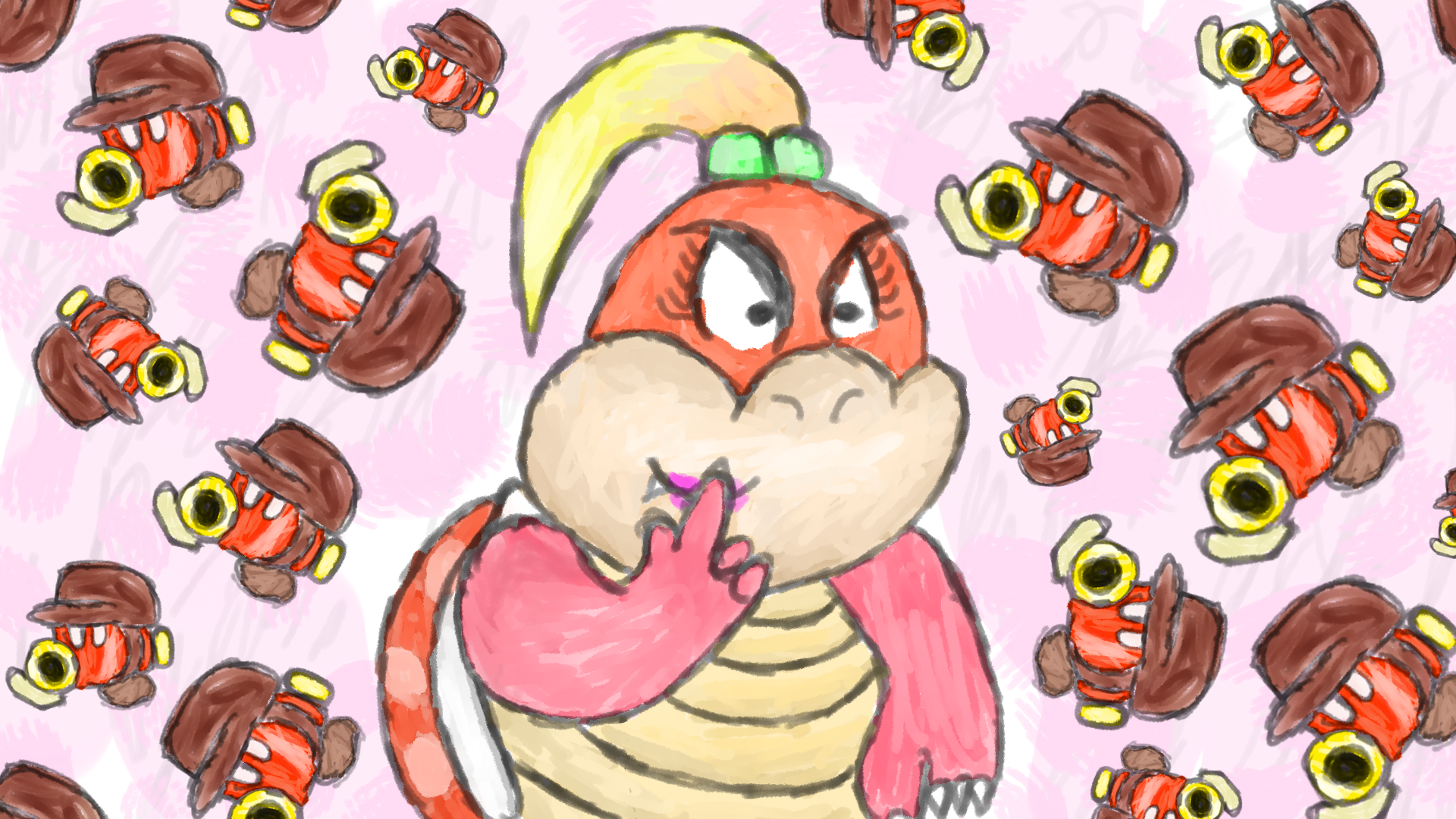 Illustration of a turtle like humanoid creature with a blonde ponytail of hair and a series of small soldier like mechanical walking robots creating a tiling background.